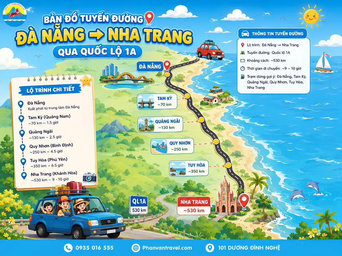 Bản đồ tuyến đường từ Đà Nẵng đến Nha Trang qua quốc lộ 1A