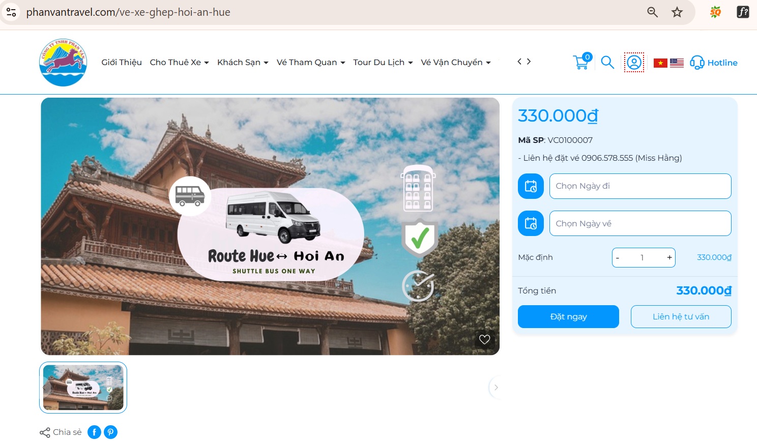 Đặt vé xe ghép Hội An - Huế tại hệ thống website Phan Văn