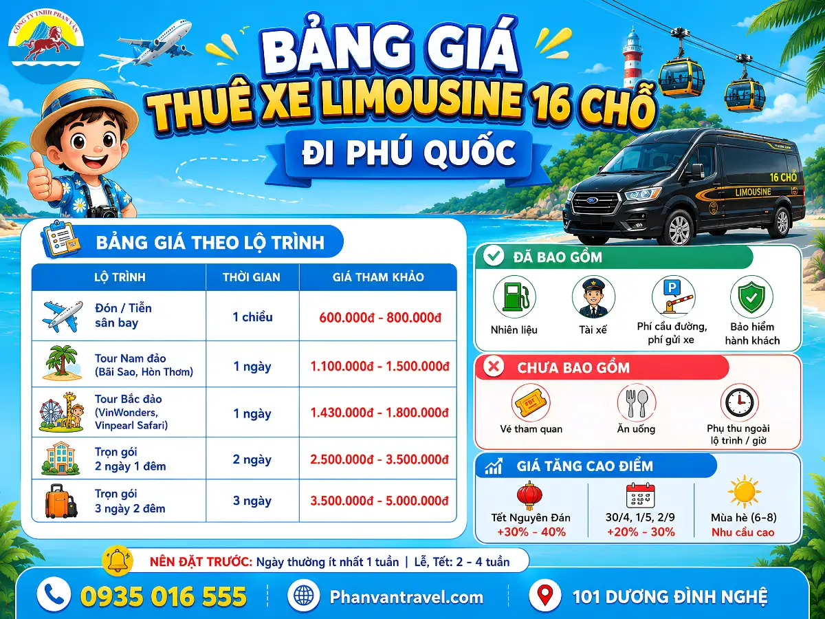 Bảng giá thuê xe limousine 16 chỗ Phú Quốc 2026