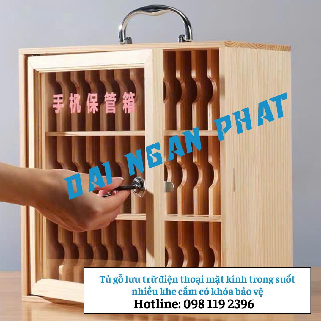 Tủ gỗ lưu trữ điện thoại mặt kính trong suốt nhiều khe cắm có khóa bảo vệ