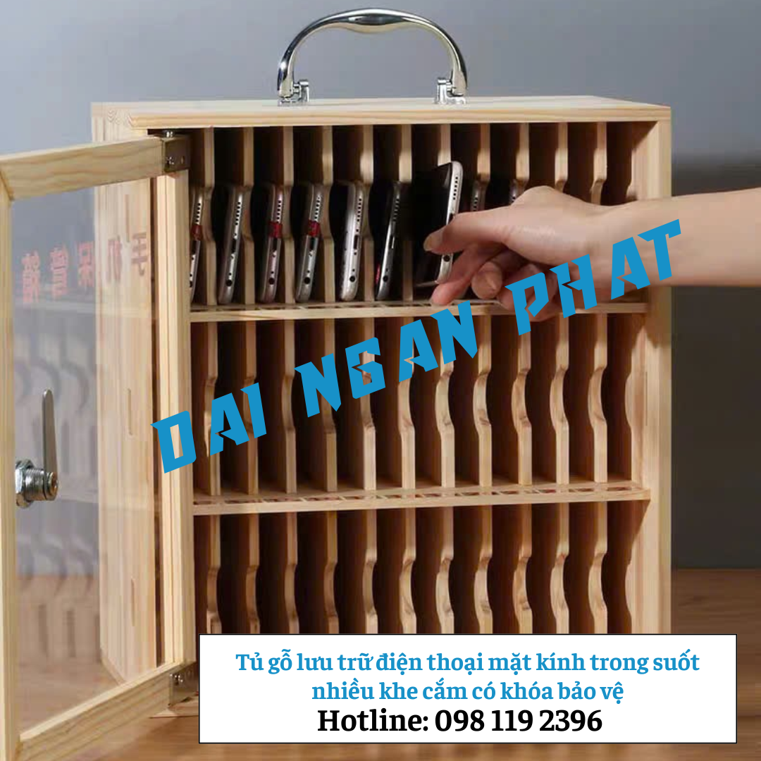Tủ gỗ lưu trữ điện thoại mặt kính trong suốt nhiều khe cắm có khóa bảo vệ