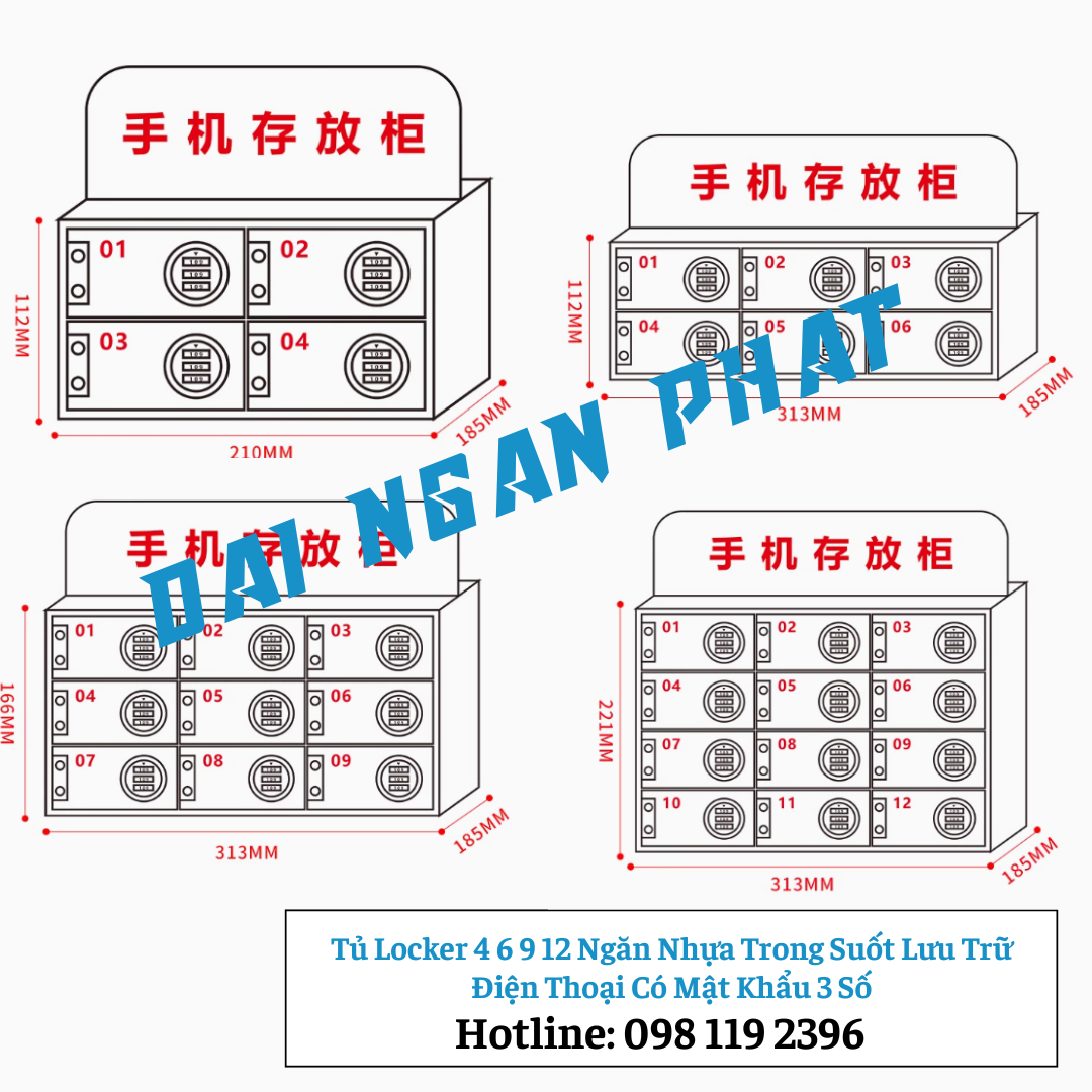 Tủ Locker 4 6 9 12 Ngăn Nhựa Trong Suốt Lưu Trữ Điện Thoại Có Mật Khẩu 3 Số