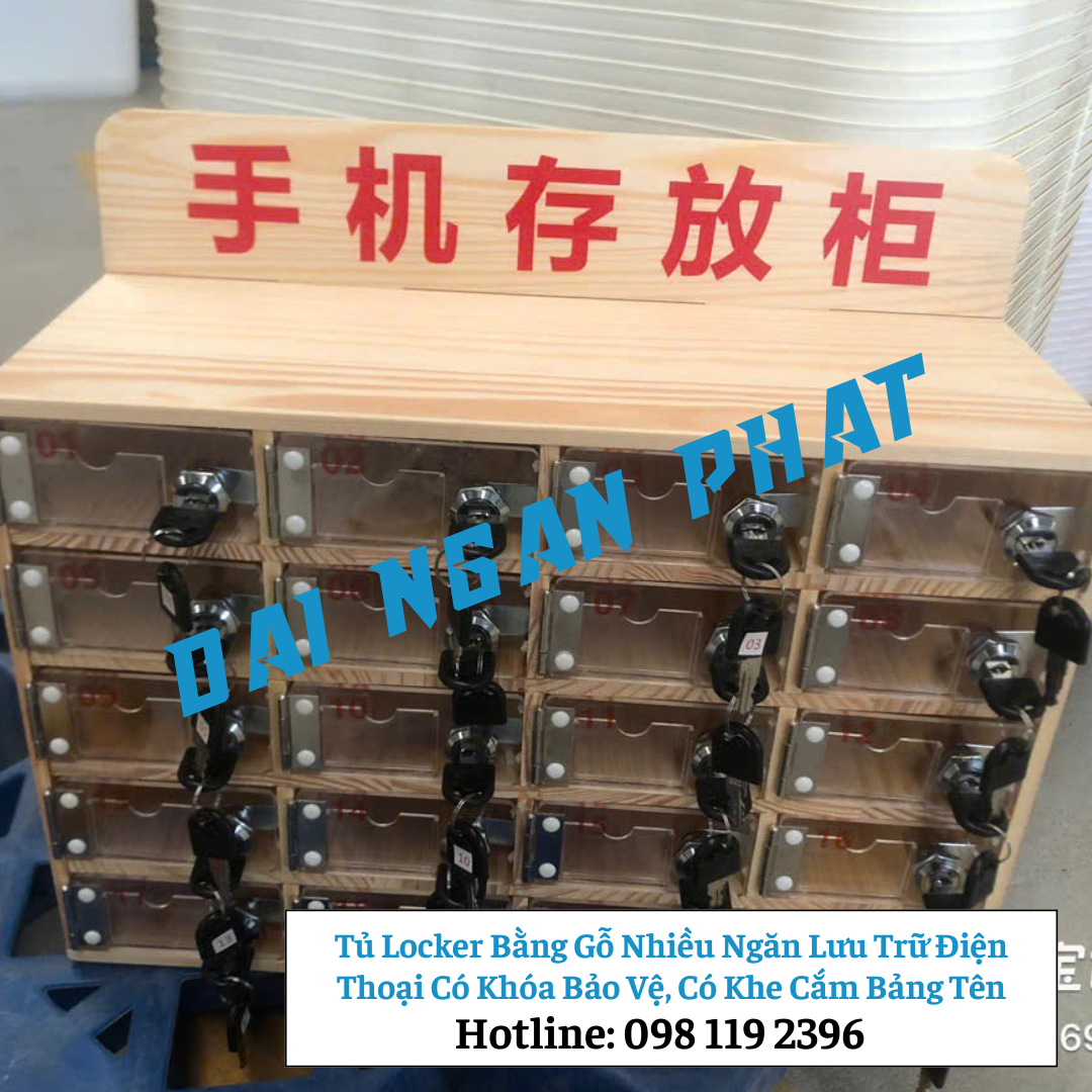 Tủ Locker Bằng Gỗ Nhiều Ngăn Lưu Trữ Điện Thoại Có Khóa Bảo Vệ, Có Khe Cắm Bảng Tên