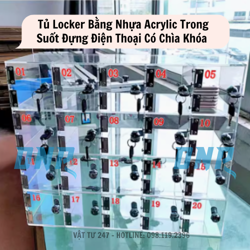 Tủ Locker 30 40 50 60 Ngăn Bằng Nhựa Trong Suốt Đựng Điện Thoại Có Chìa Khóa