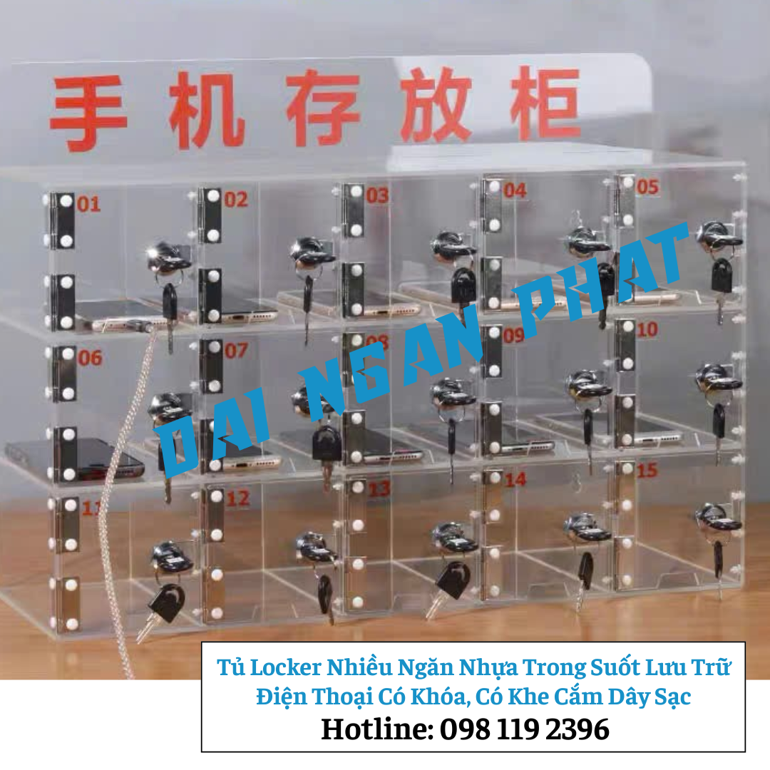 Tủ Locker Nhiều Ngăn Nhựa Trong Suốt Lưu Trữ Điện Thoại Có Khóa, Có Khe Cắm Dây Sạc