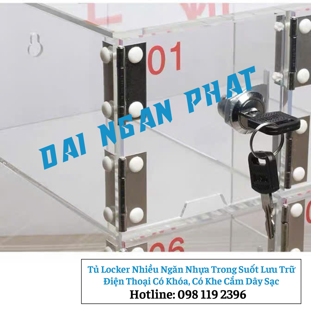 Tủ Locker Nhiều Ngăn Nhựa Trong Suốt Lưu Trữ Điện Thoại Có Khóa, Có Khe Cắm Dây Sạc
