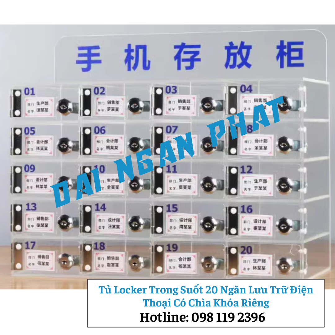 Tủ Locker Trong Suốt 20 Ngăn Lưu Trữ Điện Thoại Có Chìa Khóa Riêng