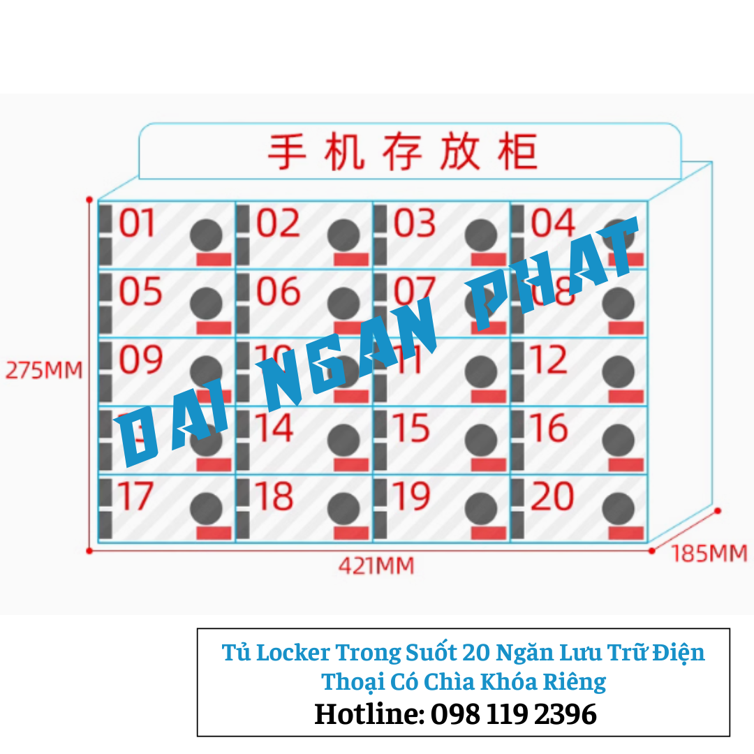 Tủ Locker Trong Suốt 20 Ngăn Lưu Trữ Điện Thoại Có Chìa Khóa Riêng