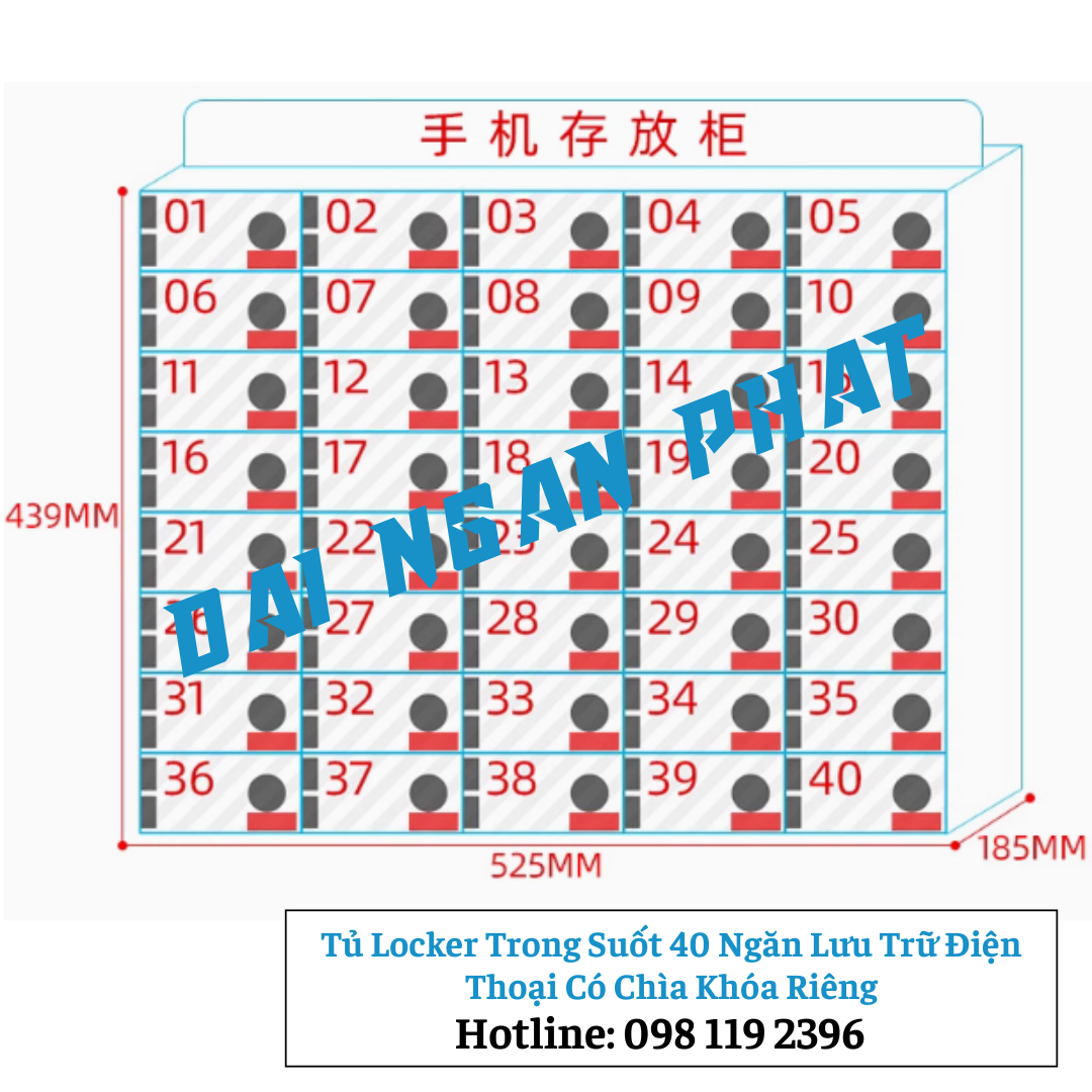 Tủ Locker Trong Suốt 40 Ngăn Lưu Trữ Điện Thoại Có Chìa Khóa Riêng
