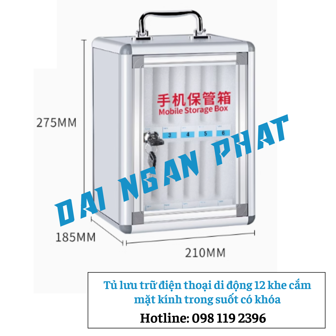 Tủ lưu trữ điện thoại di động 12 khe cắm mặt kính trong suốt có khóa