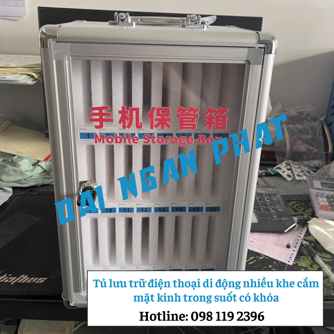 Tủ lưu trữ điện thoại di động 60 khe cắm mặt kính trong suốt có khóa