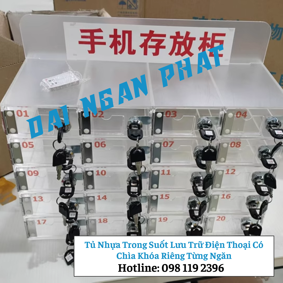 Tủ Locker Trong Suốt 20 Ngăn Lưu Trữ Điện Thoại Có Chìa Khóa Riêng