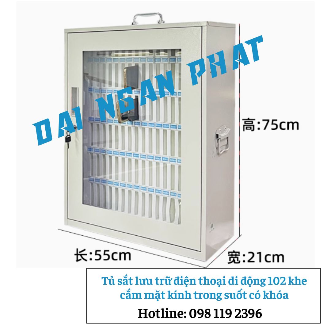 Tủ sắt lưu trữ điện thoại 102 khe cắm mặt kính trong suốt có khóa