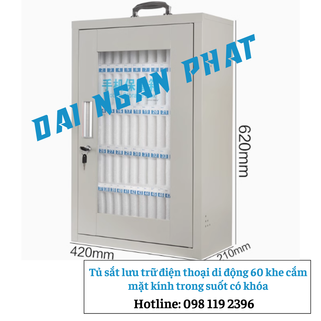 Tủ sắt lưu trữ điện thoại 60 khe cắm mặt kính trong suốt có khóa