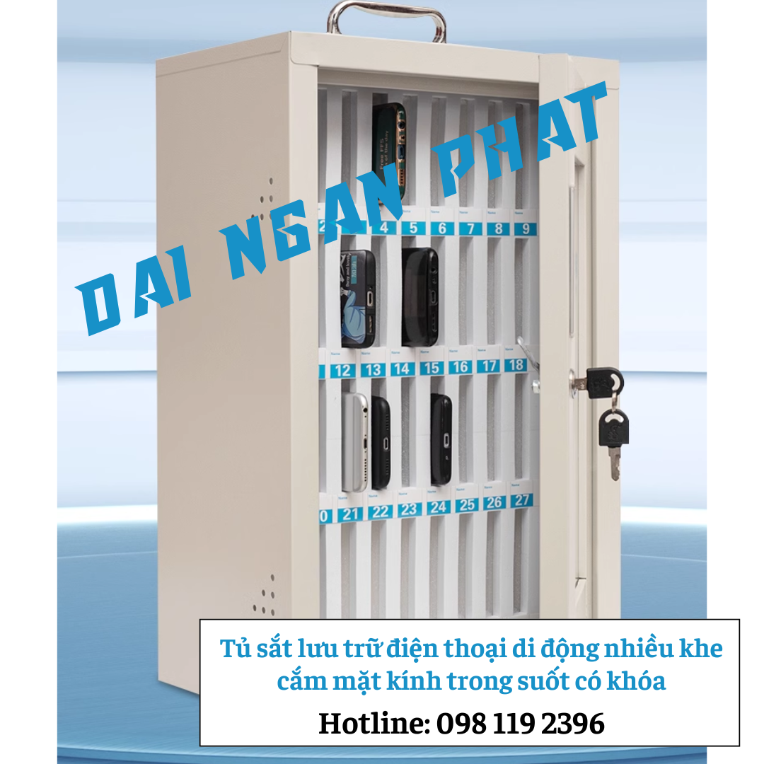 Tủ sắt lưu trữ điện thoại 102 khe cắm mặt kính trong suốt có khóa