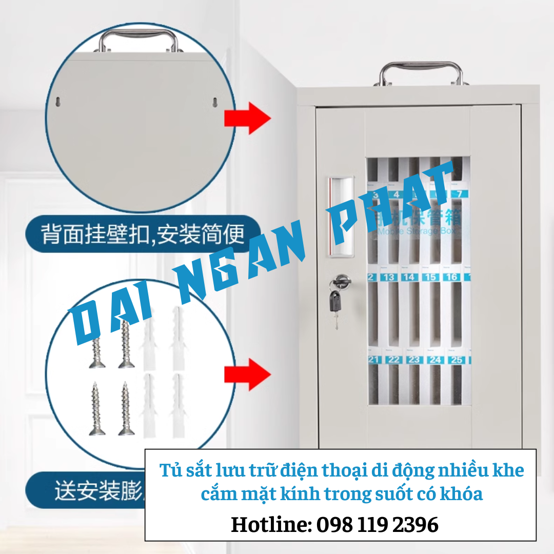 Tủ sắt lưu trữ điện thoại 102 khe cắm mặt kính trong suốt có khóa