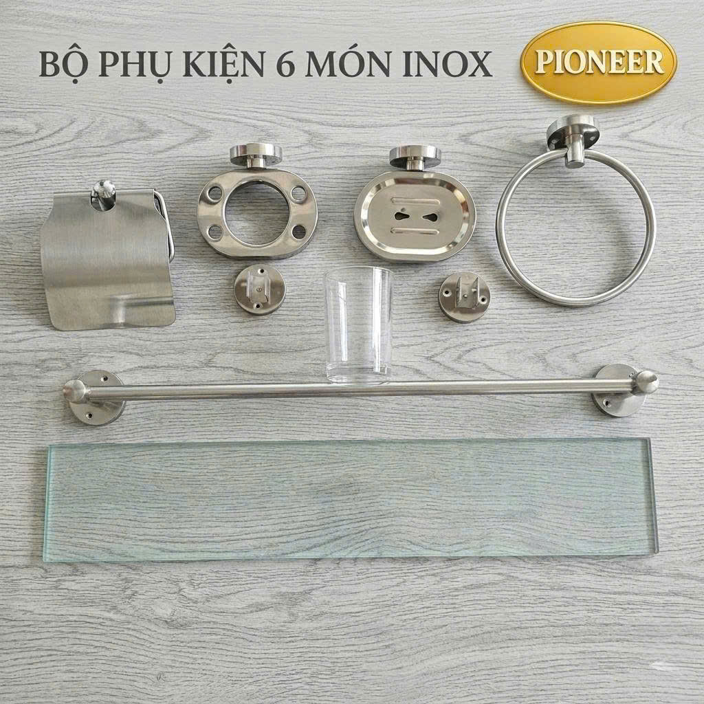 Bộ phụ kiện 6 món Pioneer Inox 201 vít nổi trong phòng tắm, Mã PK:702