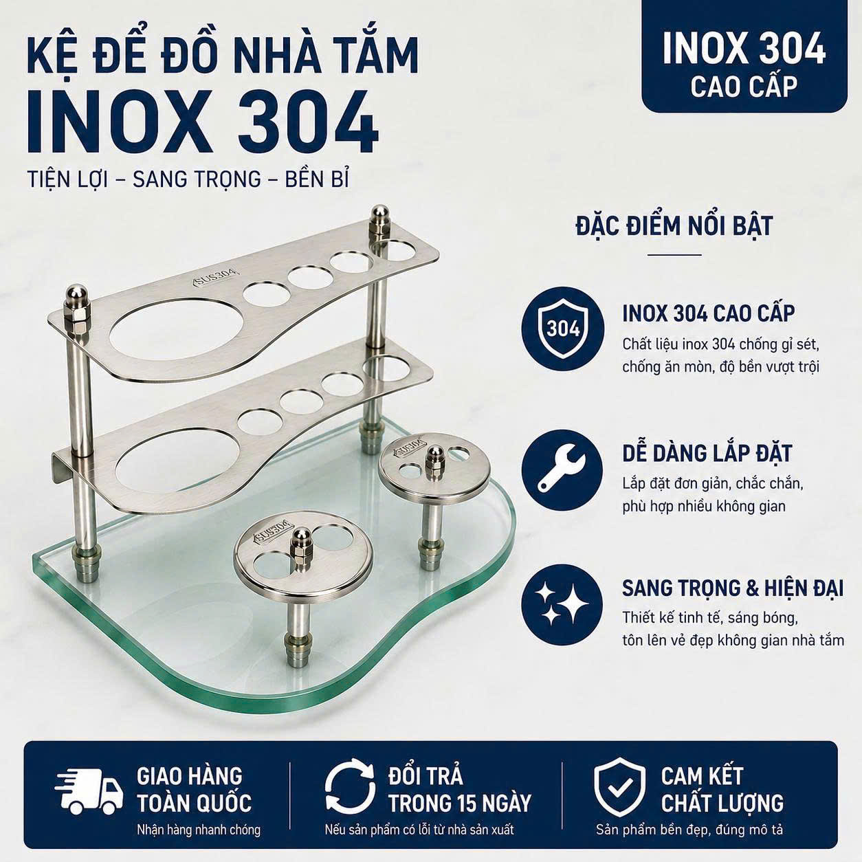 Kệ Ly Bàn Chải Kem Đánh Răng Pioneer Inox 304 Đế Kính Cao Cấp Tặng Kèm 2 Ly Thái Lan, Mã KL01