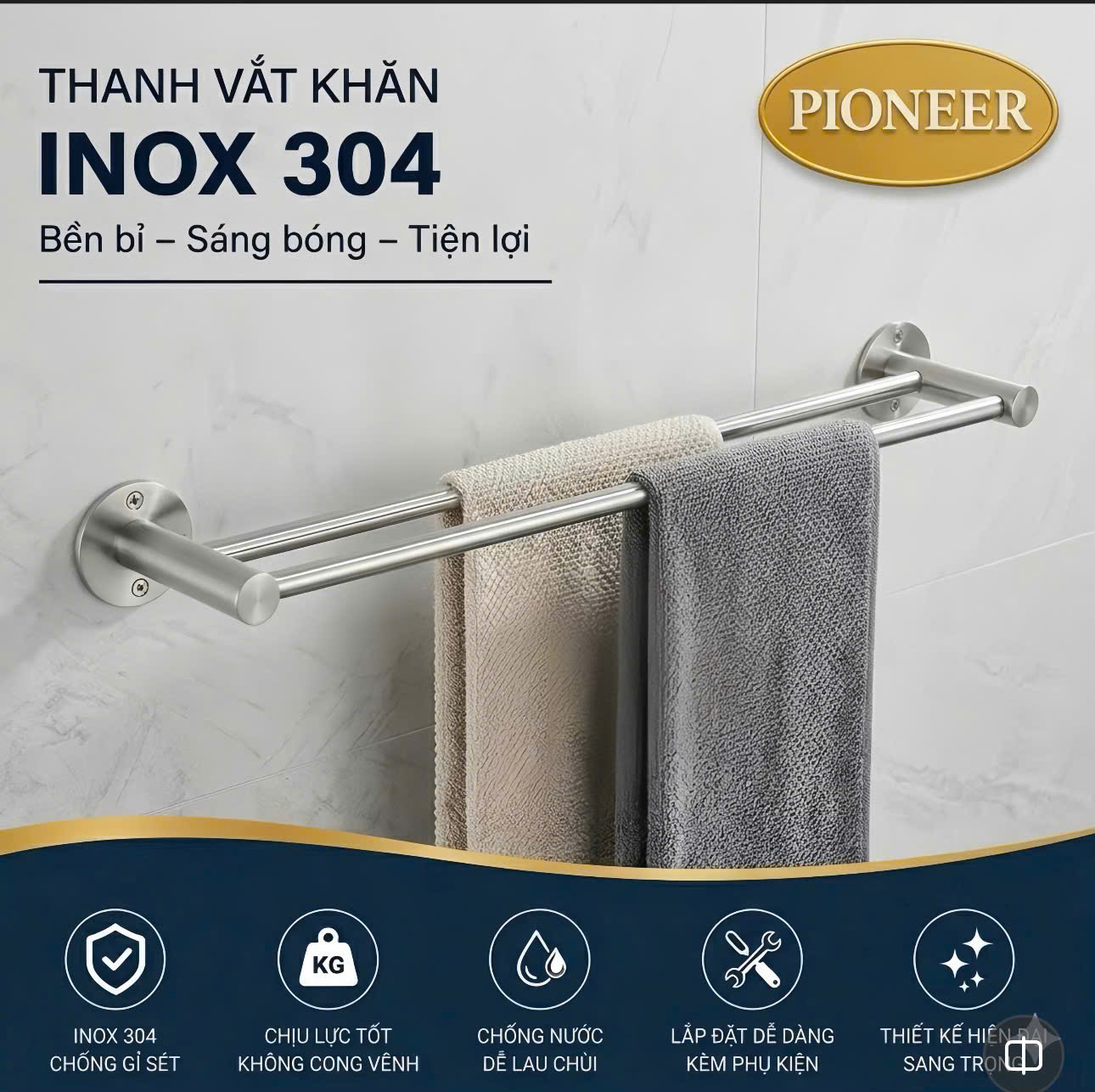 Thanh treo khăn Pioneer Inox 304 trong phòng tắm, Mã MK:301, MK:302