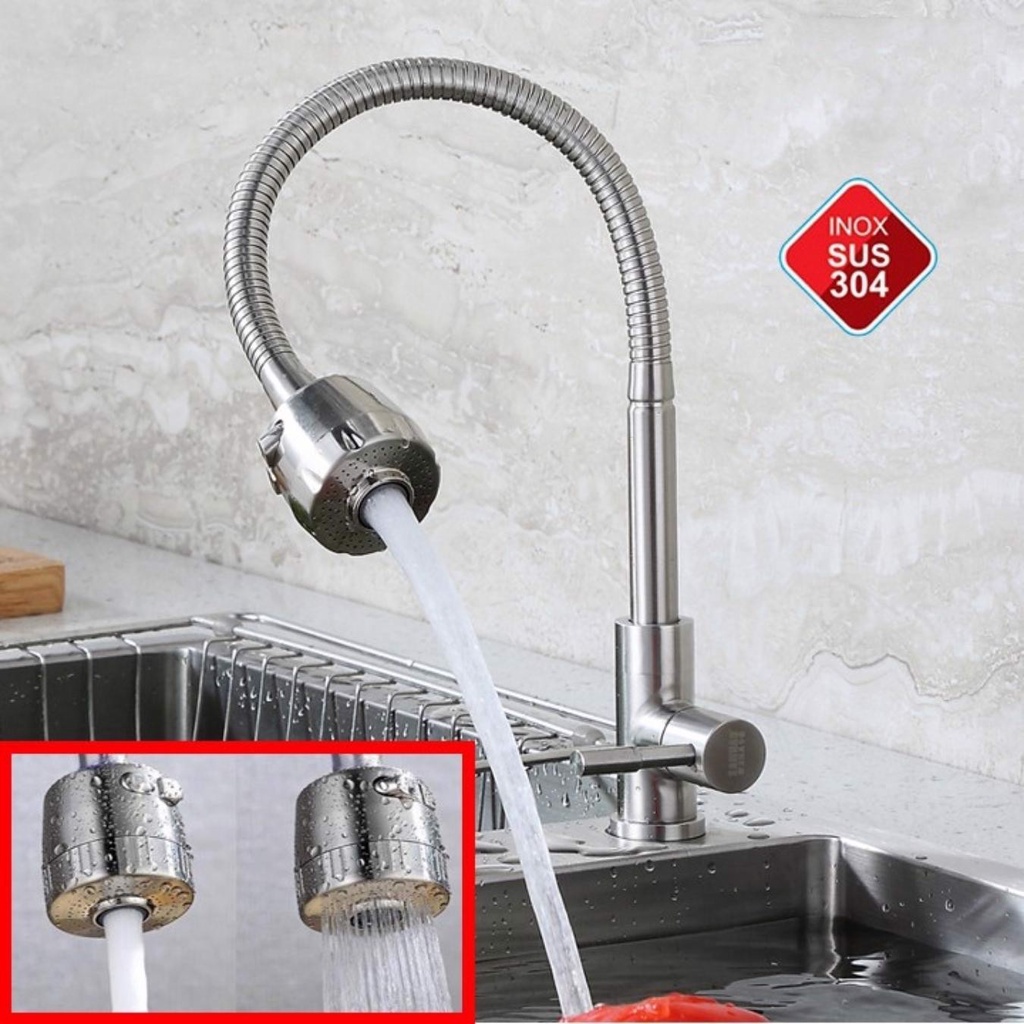 Vòi Rửa Chén Lạnh Inox 304 Cao Cấp Có Cần Bẻ Lò Xo Xoay 360 Độ