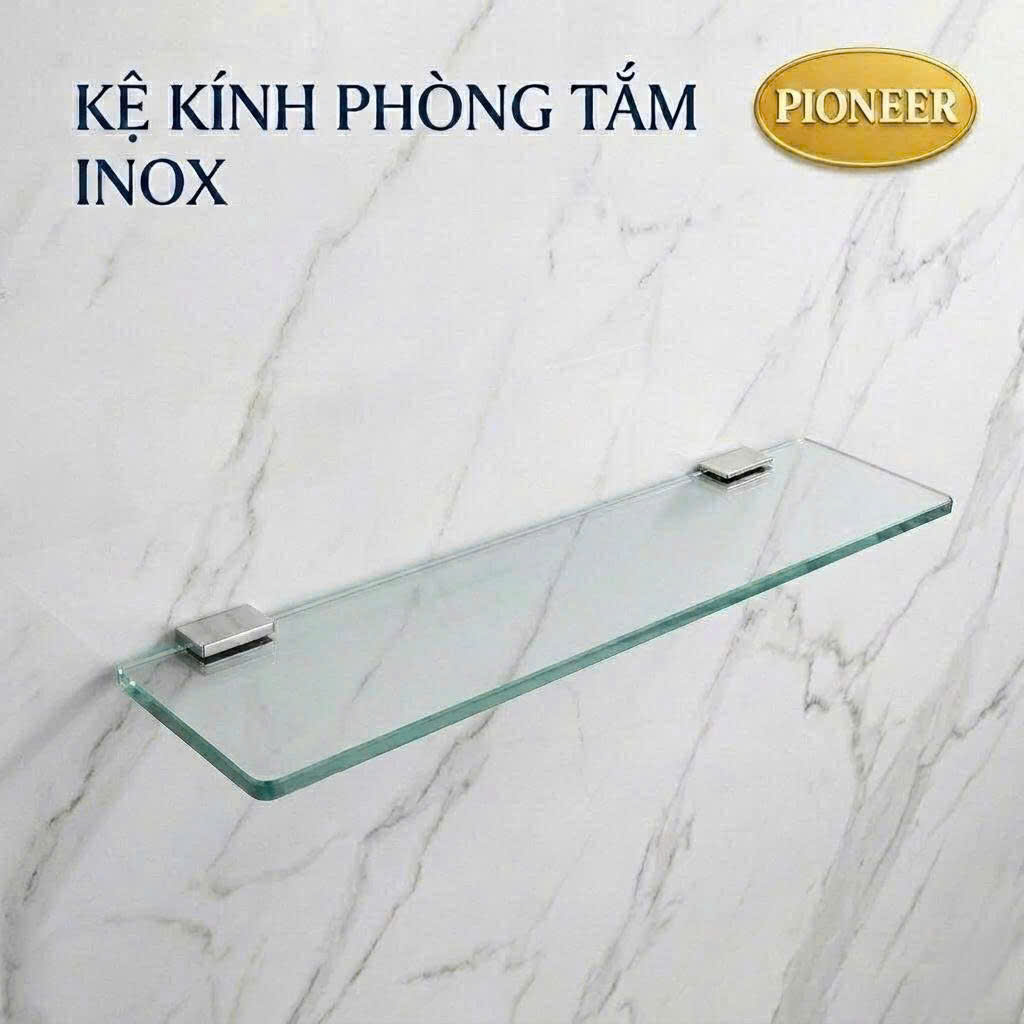 Kệ kính Pioneer Inox 304 không viền treo bắt tường trong phòng tắm, Mã PE:0038, TP:01