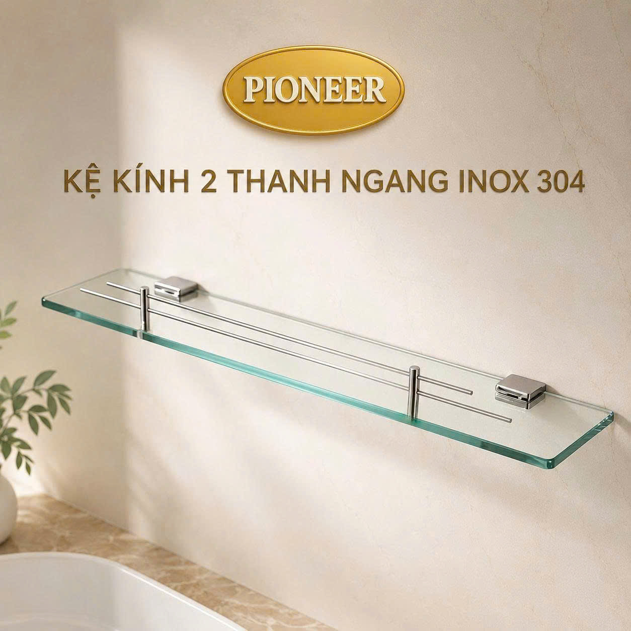 Kệ kính phòng tắm Pioneer Inox 304 có rào chắn 2 thanh ngang cao cấp, Mã TP:15