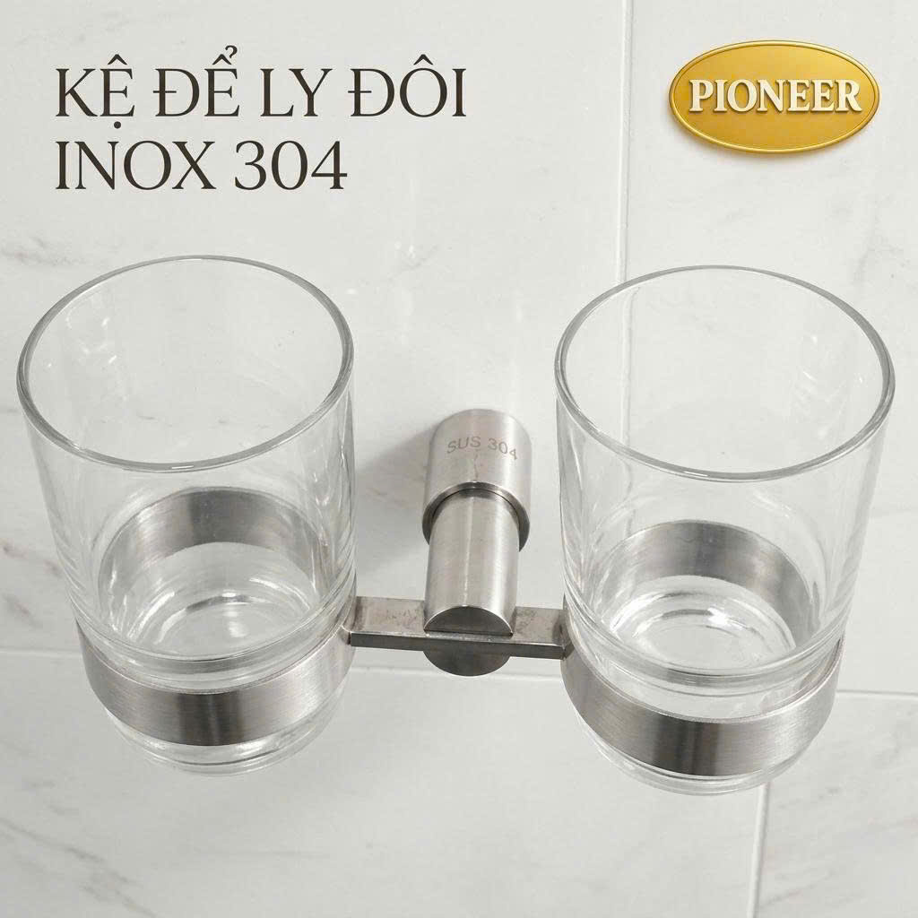Kệ để ly đôi Pioneer Inox 304 cao cấp trong phòng tắm tặng kèm 2 ly thái lan, Mã TP:6004
