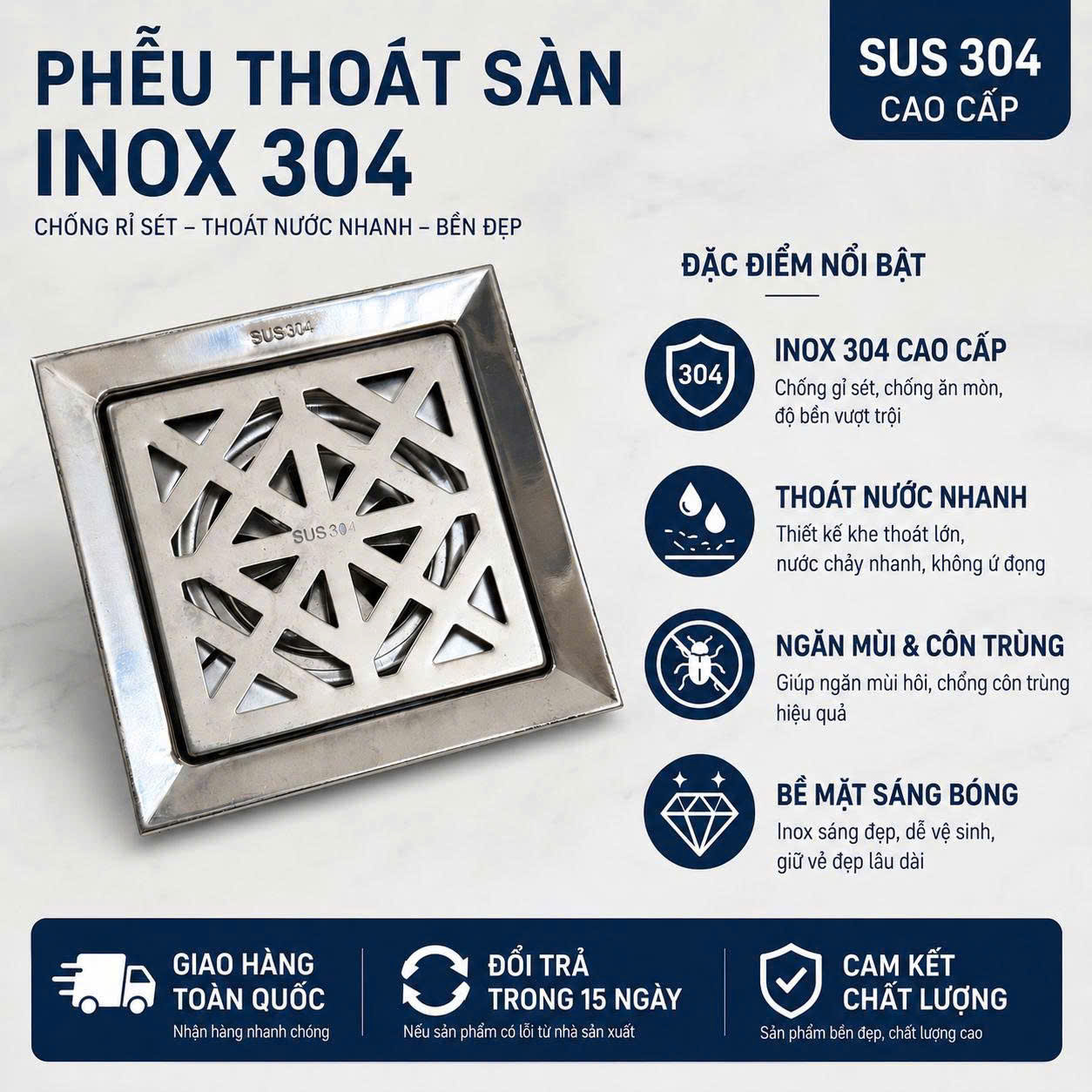Phễu Thoát Sàn Pioneer Inox Lọc Rác, Chống Mùi Hôi Trong Phòng Tắm, Mã PE:330