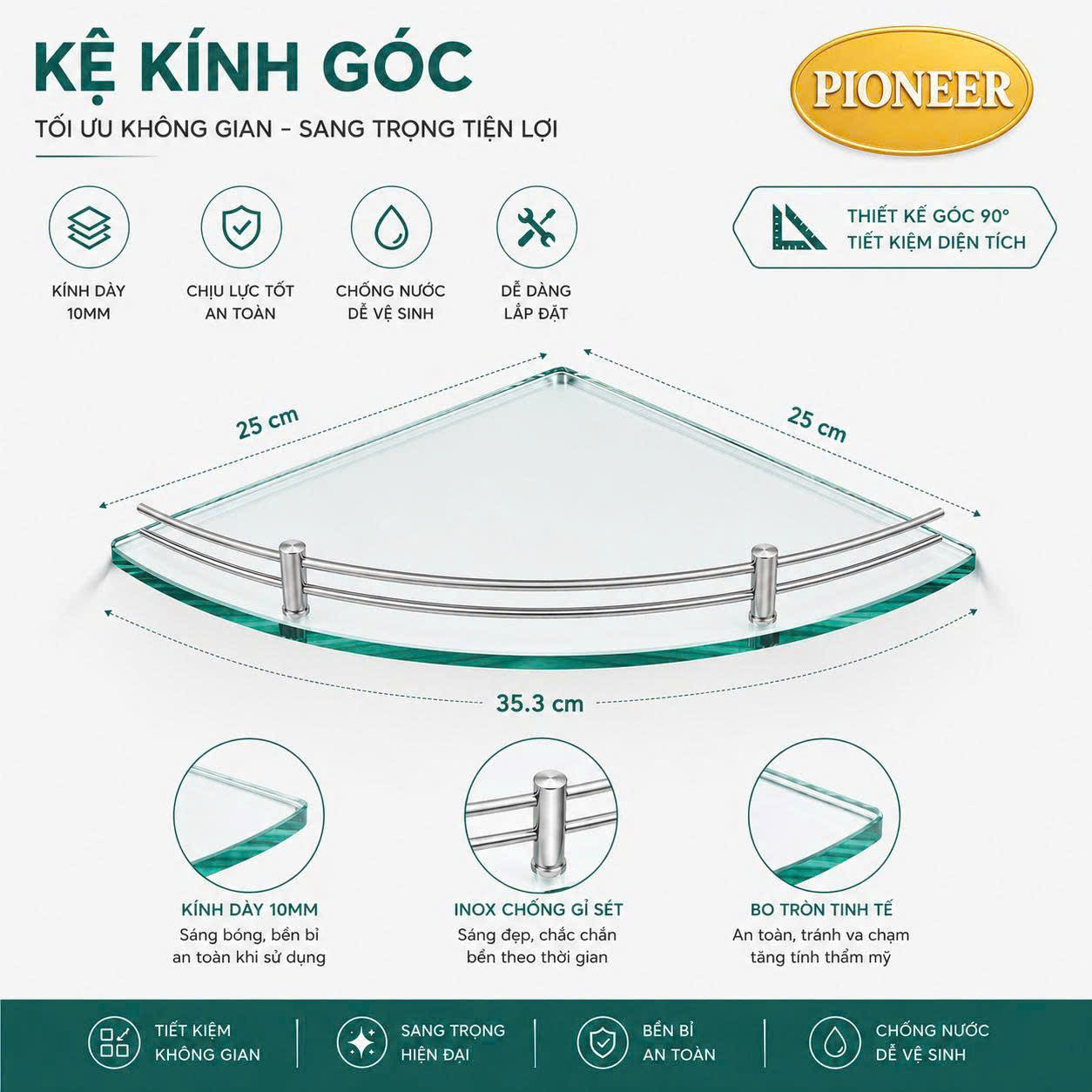 Kệ Góc Kính Inox 304 Pioneer Nhà Tắm Cao Cấp, Kích Thước: (25 x 25) Cm - Mã TP22