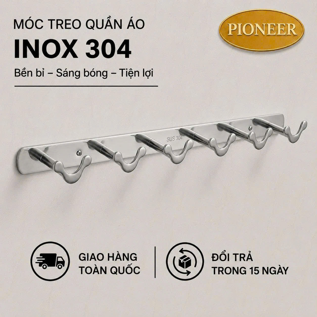 Móc treo quần áo Pioneer Inox 304 hình tai thỏ cao cấp siêu dày trong phòng tắm, Mã TP:6242