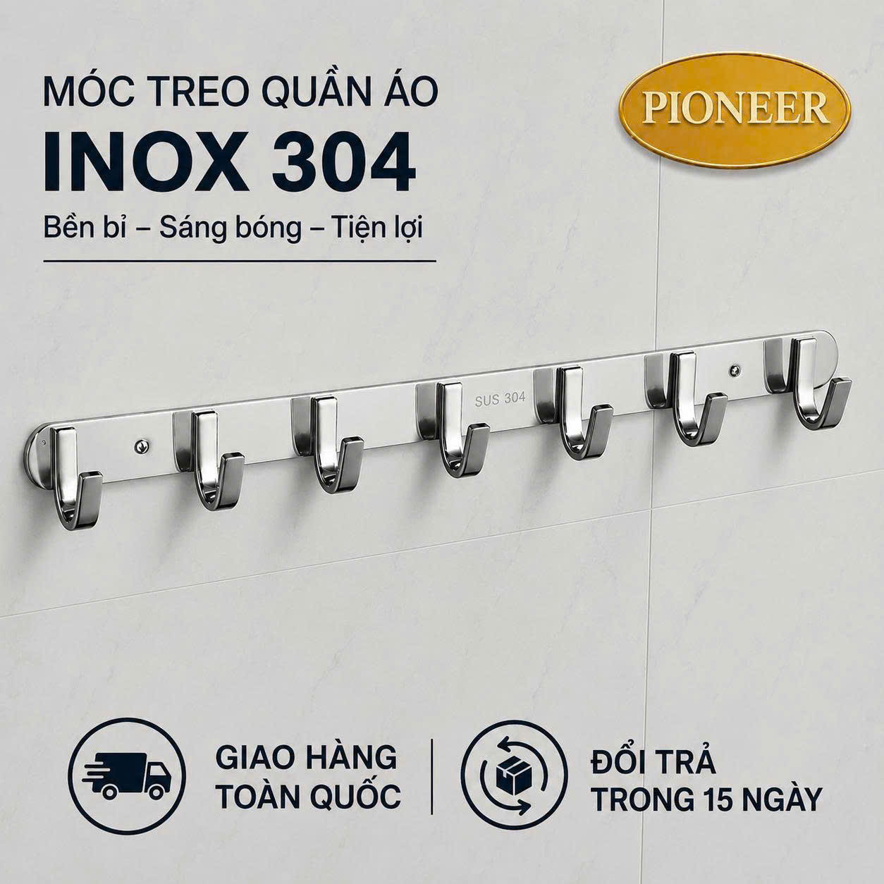Móc Dẹp Treo Quần Áo Inox 304 Pioneer Nhà Tắm Cao Cấp Siêu Sáng Bóng - Mã SP: PE51