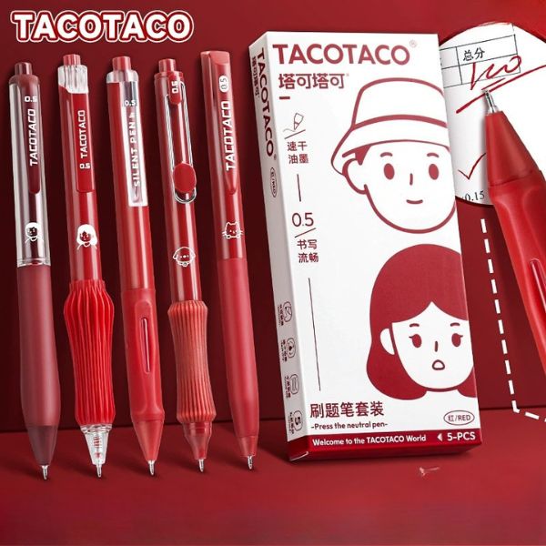 [ Set 5 Bộ ] Bút Gel Bấm Tacotaco [ 0.5mm / Đỏ / Hộp 5 Cây ] - 19193