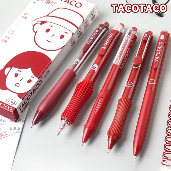 [ Set 5 Bộ ] Bút Gel Bấm Tacotaco [ 0.5mm / Đỏ / Hộp 5 Cây ] - 19193