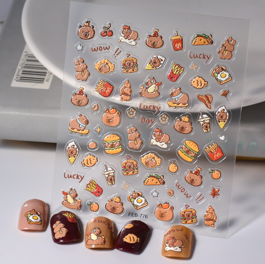 [ Set 12 Túi ] Sticker Dán Nail 5D Capybara, Dập Nổi, Chống Nước, Keo Cao Cấp - 922311