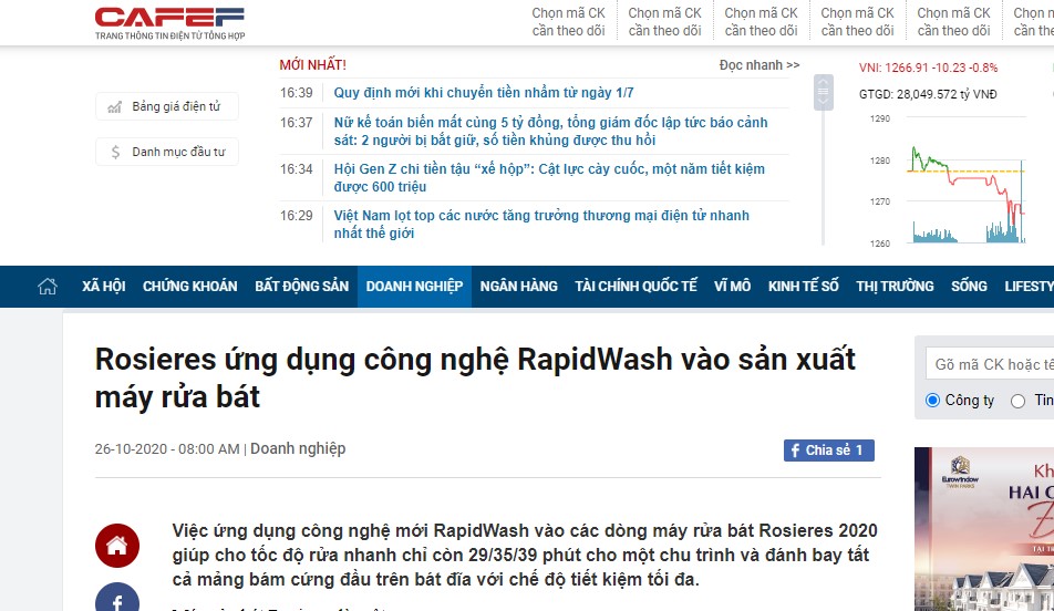 [Cafef.vn] Rosieres ứng dụng công nghệ RapidWash vào sản xuất máy rửa bát
