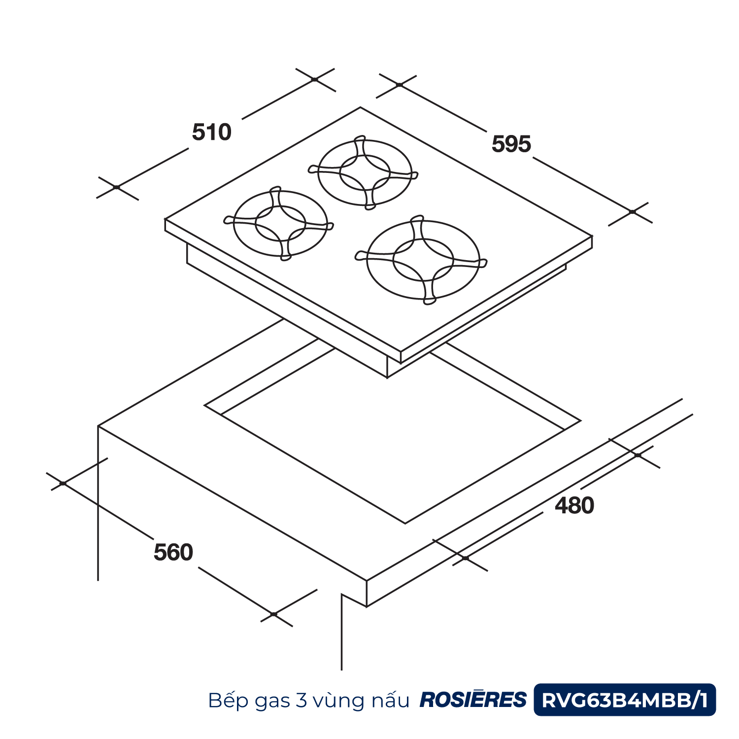 Bếp gas 3 vùng nấu Rosières RVG63B4MBB/1 - Nhập khẩu chính hãng