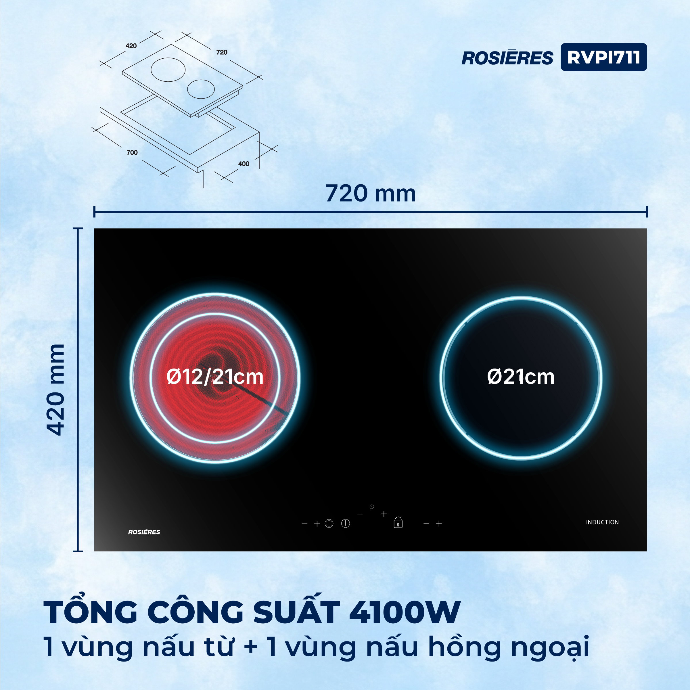 Bếp kết hợp 1 từ 1 hồng ngoại Rosières RVPI711 - Nhập khẩu chính hãng