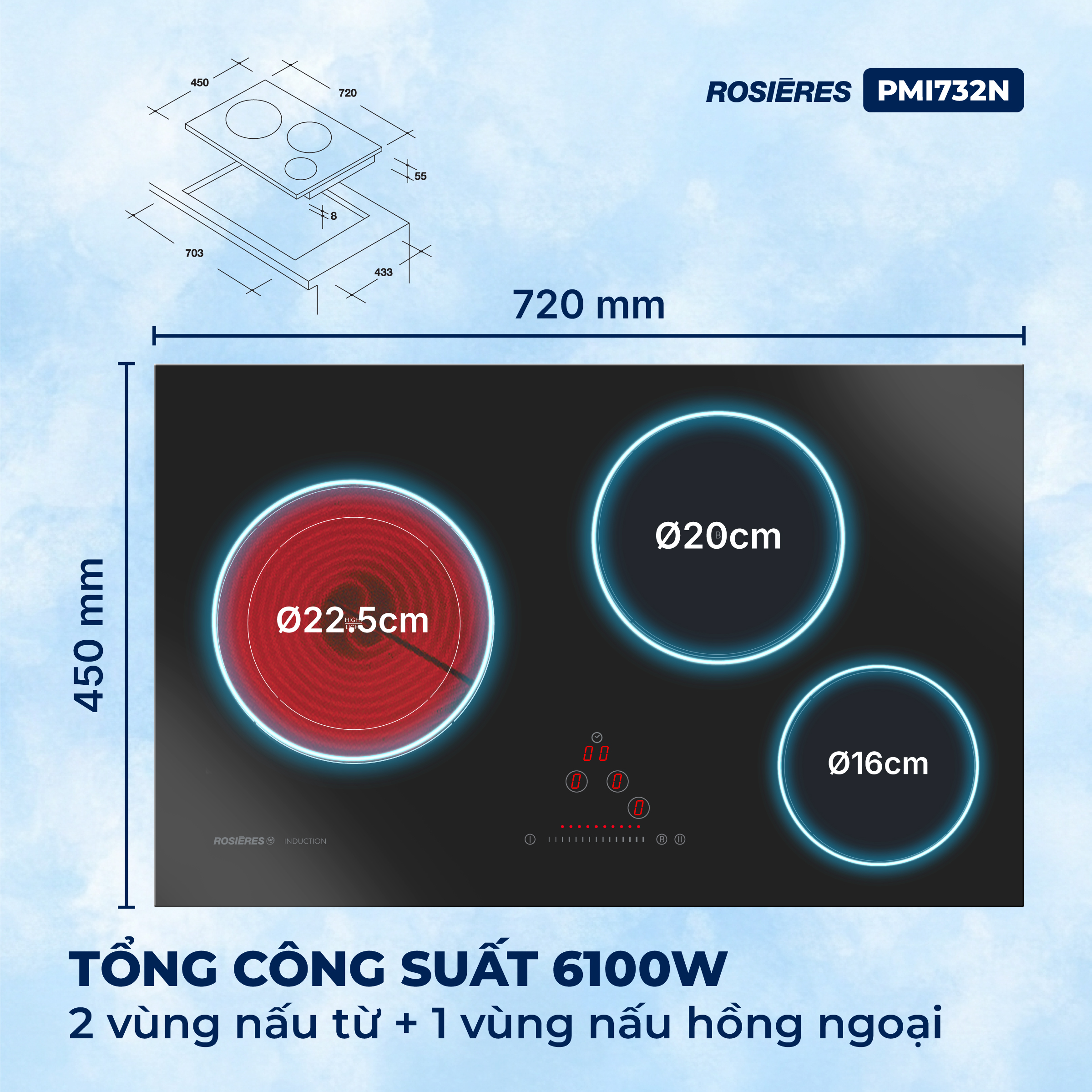 Bếp kết hợp 2 từ 1 hồng ngoại Rosières PMI732N - Nhập khẩu chính hãng