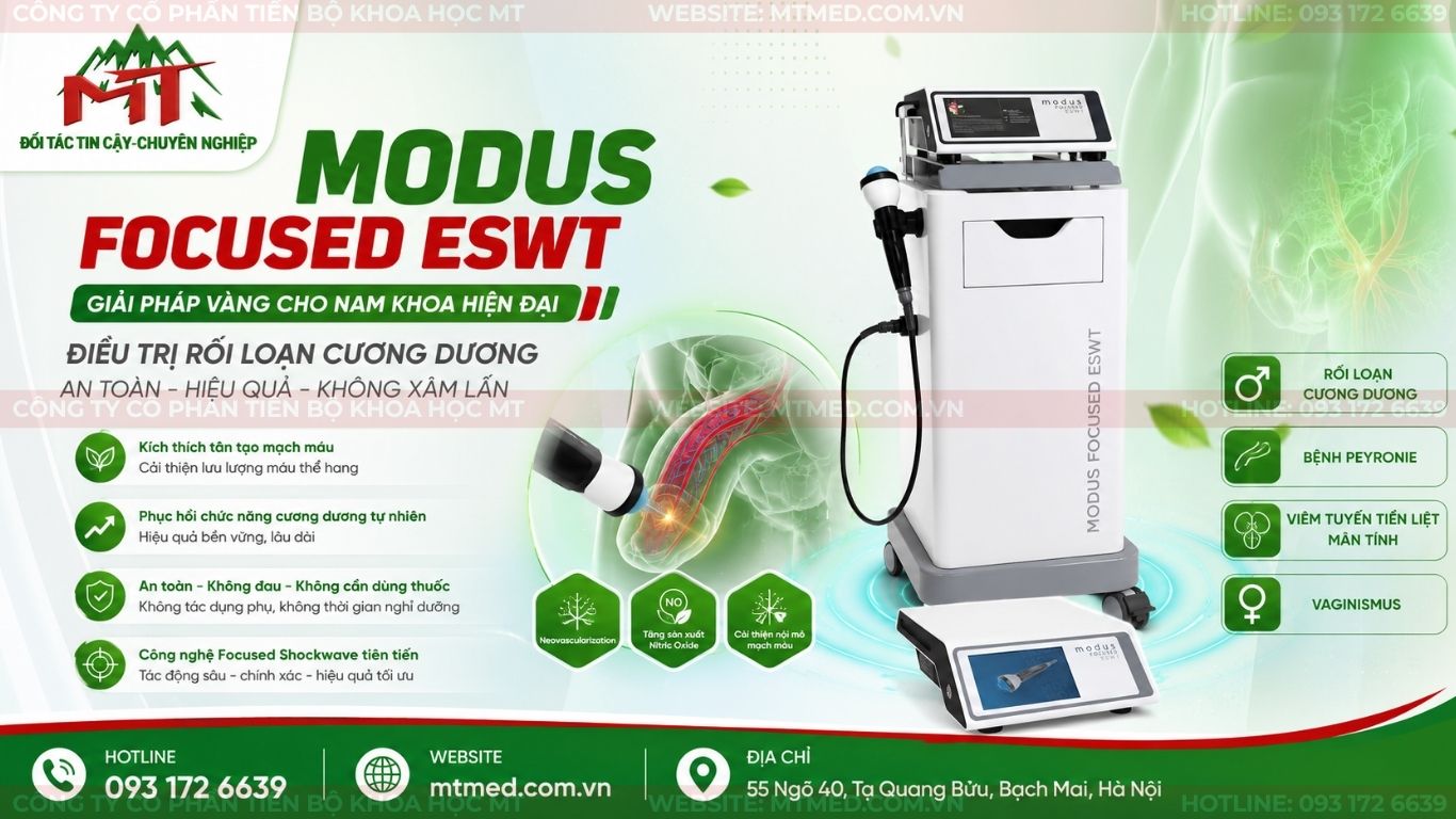 Phương pháp điều trị rối loạn cương dương bằng sóng xung kích hội tụ Modus Focused Eswt : giải pháp y học tái tạo mạch máu được chứng minh bằng y học chứng cứ