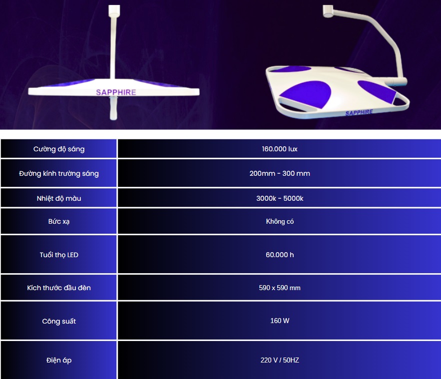 thông số kỹ thuật đèn mổ treo trần 2 nhánh sapphire 4.0
