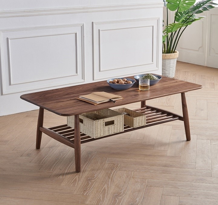 bàn trà gỗ sồi mặt vuông 2 tầng màu óc chó sang trọng