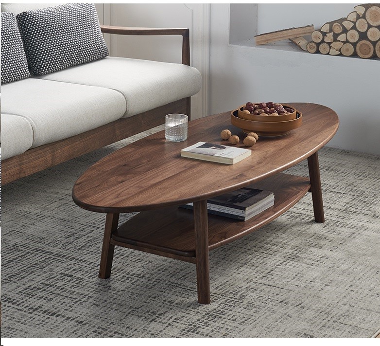 bàn trà gỗ sồi mặt oval 2 tầng màu óc chó cho phòng khách sang trọng hiện đại