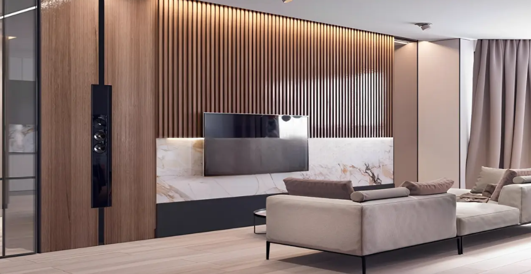 alt="Tấm lam sóng nhựa giả gỗ ốp tường trần phòng khách hiện đại"