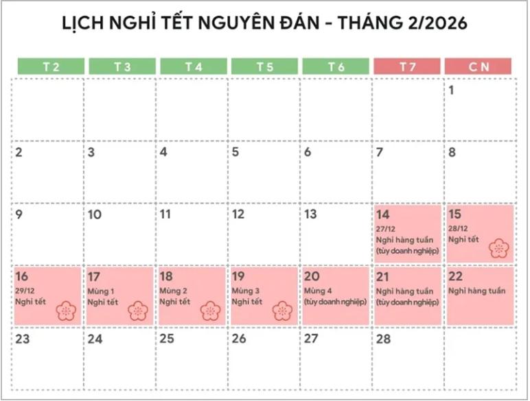 Lịch nghỉ Tết Nguyên Đán 2026