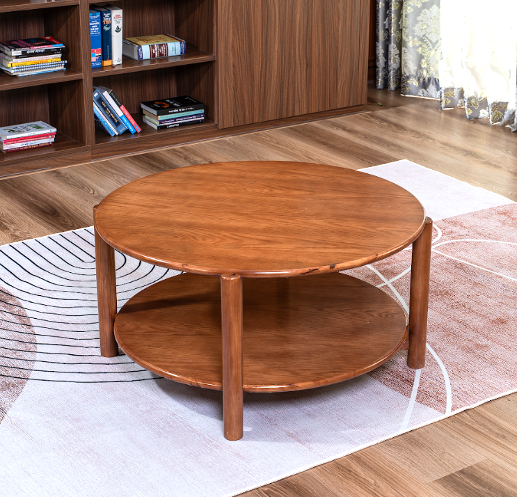 bàn sofa gỗ tự nhiên mặt tròn hai tầng trang trí nội thất phòng khách