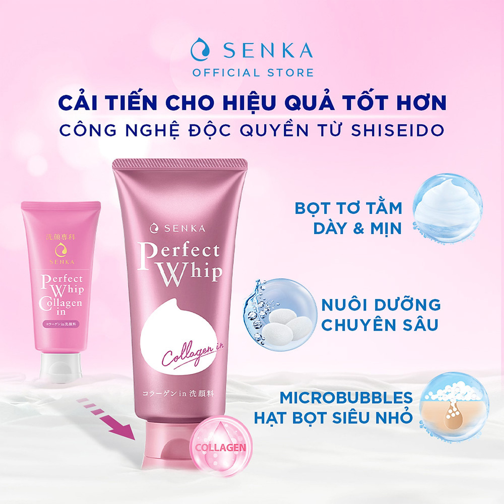 Sữa rửa mặt Senka Perfect Whip Collagen Nhật Bản dưỡng ẩm, chống lão hoá 120gram mẫu mới