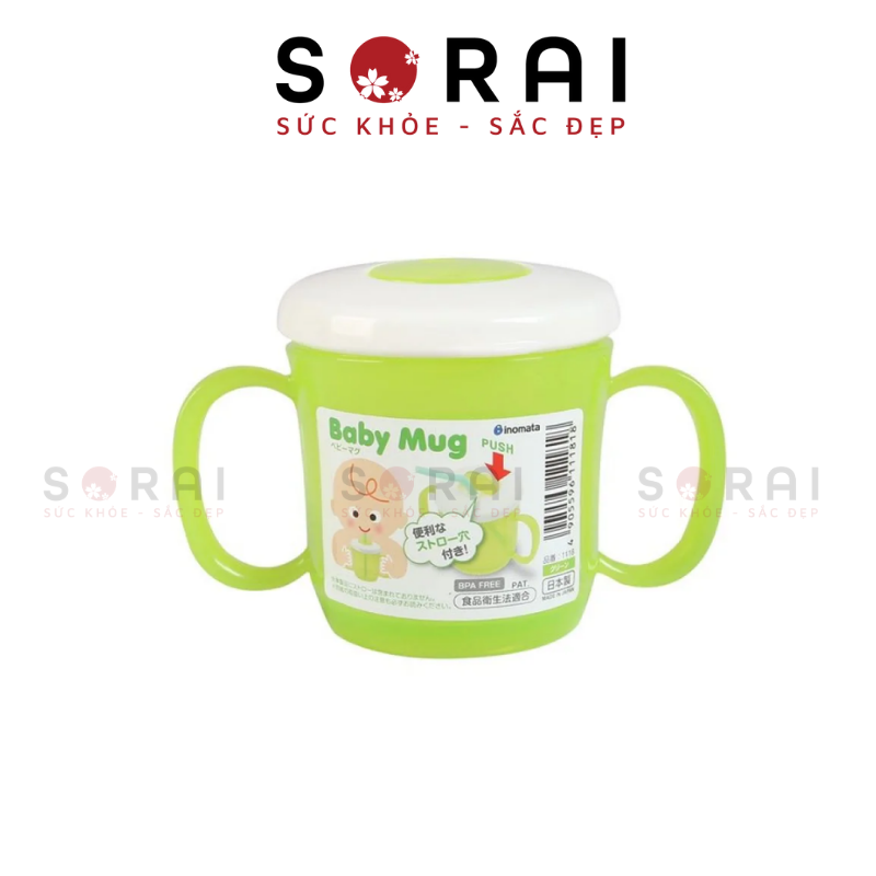 Cốc tập uống cho bé Baby Mug Inomata Nhật Bản có tay cầm xanh lá
