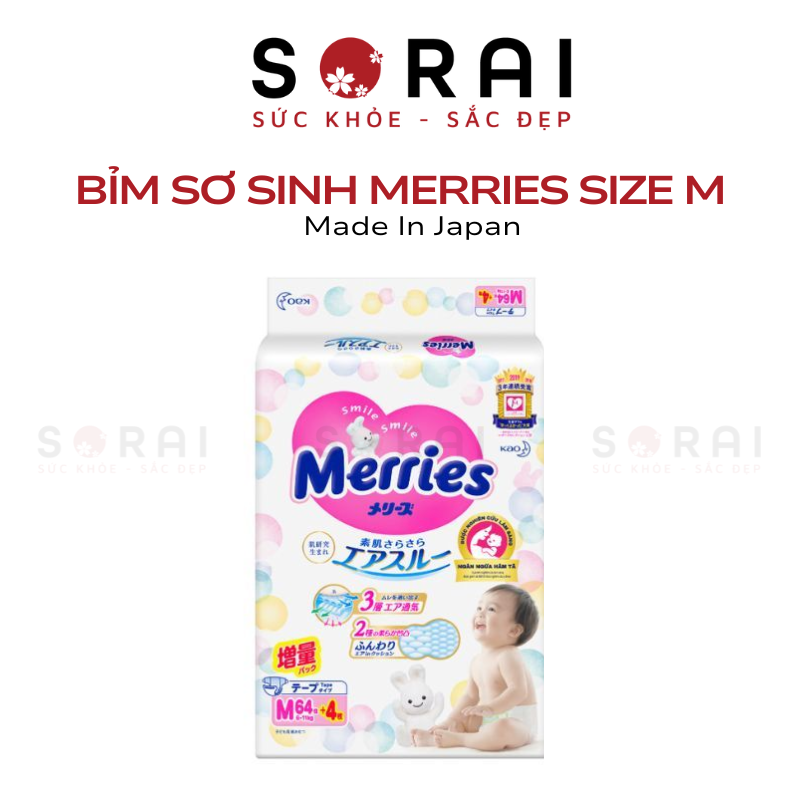 Bỉm Merries size M dán M64+4 miếng Nhật Bản