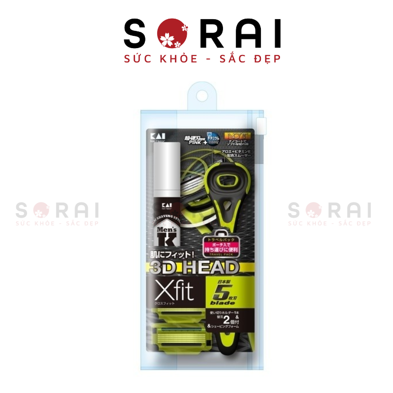 Set dao cạo râu Kai 5 lưỡi kép 1 cán, 2 đầu thay, bọt cạo râu