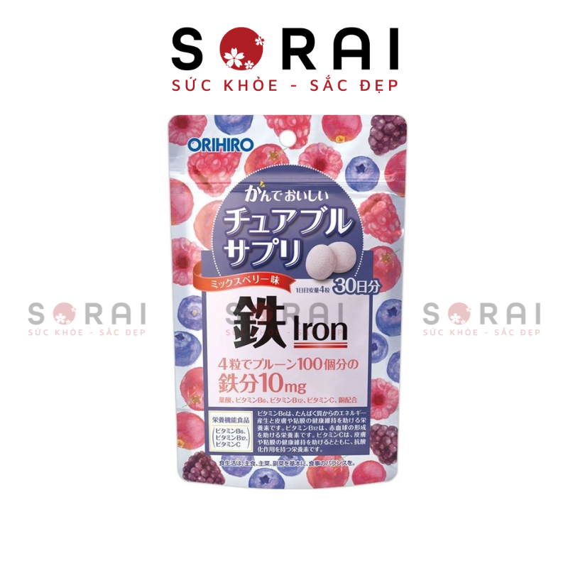 Viên nhai bổ sung Sắt và Acid folic Orihiro Nhật Bản túi 120 viên